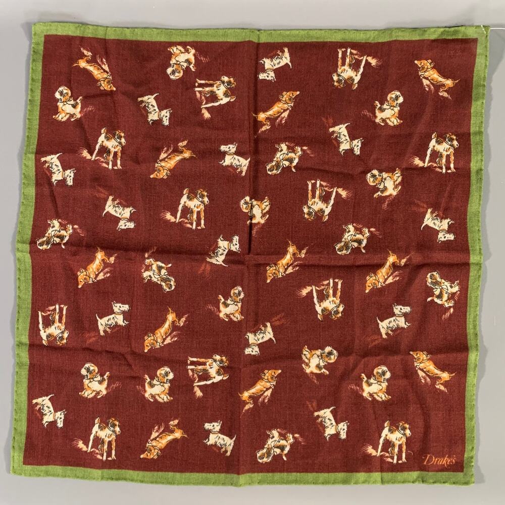 NO BRAND Burgundy Green Dogs Wool Pocket Square